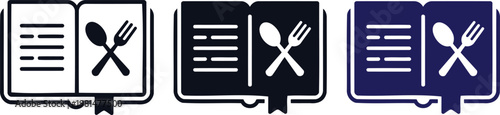 Menu book icons, crossed utensils and lines, cookbook icon set, recipe book collection, spoon and fork symbol in book, food recipe guide, cooking learning book vector illustration.
