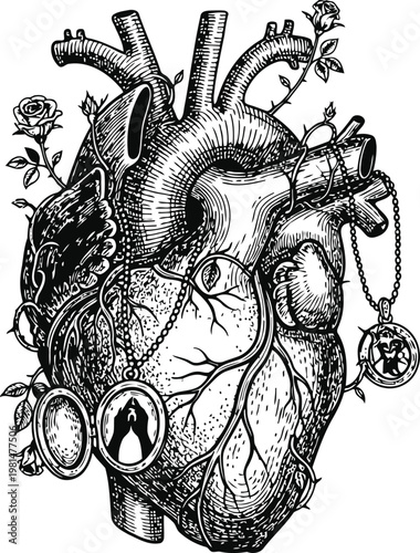 Anatomical Heart adorned with lockets and roses in a vintage engraving style