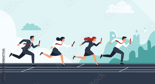 Team of four business professionals in suits running a relay race on a track to demonstrate corporate teamwork and competition.