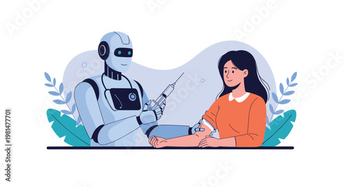 Advanced humanoid robot assistant performing a medical injection procedure on the arm of a calm woman in a modern clinic.
