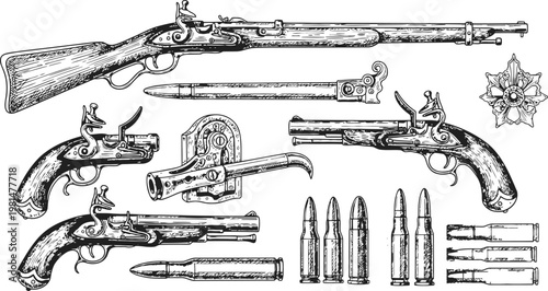 Antique firearms and ammunition collection with intricate engravings and historical detailing
