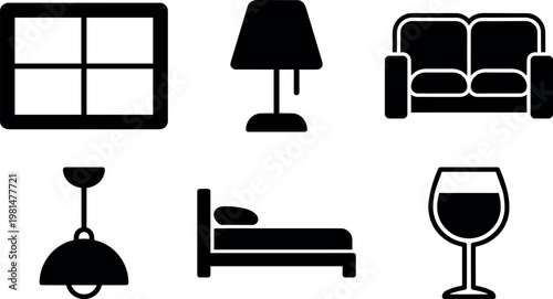 Black silhouette icons of window lamp couch pendant light bed and wine glass