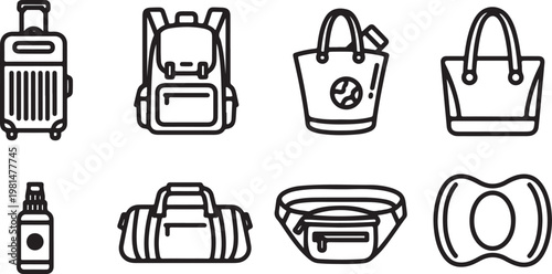 A set of eight different types of luggage and bags illustrated simply Vector
