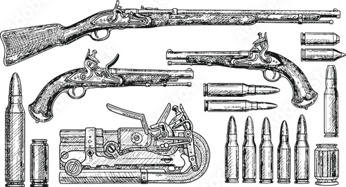Antique firearms and ammunition collection in a detailed sketch style