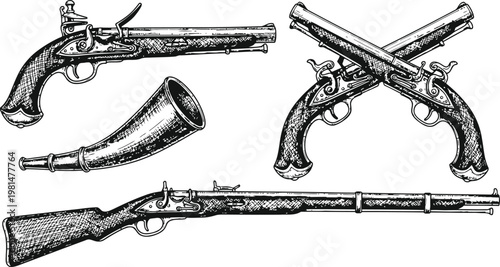 Antique firearms and powder horn collection in a vintage engraved illustration style