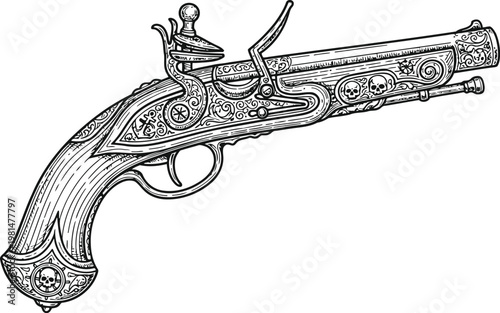 Antique Flintlock Pistol with Ornate Engraving and Skull Motifs on White Background