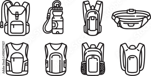 A collection of diverse stylized backpacks and a satchel in black and white Vector