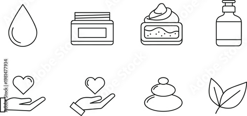Skincare and Wellness Icon Set Featuring Cream, Serum, Drops, Healing Hands, and Natural Elements for Beauty, Care, and Personal Health Illustrations