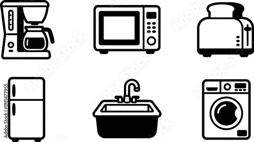 Black and white kitchen and household appliance icons including coffee maker microwave toaster refrigerator sink washing machine