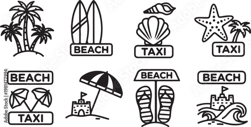 Illustrated symbols representing beach and taxi concepts Vector