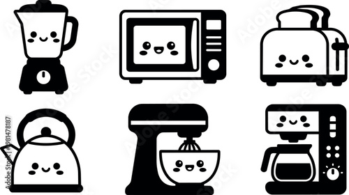 Black and white cute kitchen appliance icons with happy faces blender microwave toaster kettle mixer coffee maker