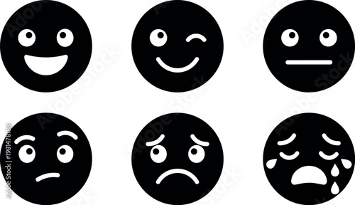 Black and white emoji faces showing happy winking sad worried and crying emotions