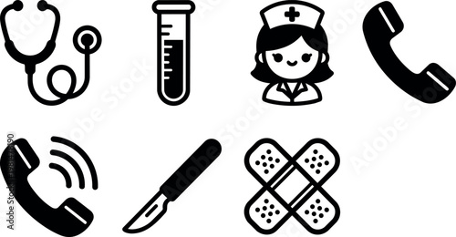 Black and white medical icons stethoscope test tube nurse phone call scalpel bandages