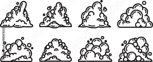 A collection of eight different black and white line art snails with various shell patterns Vector