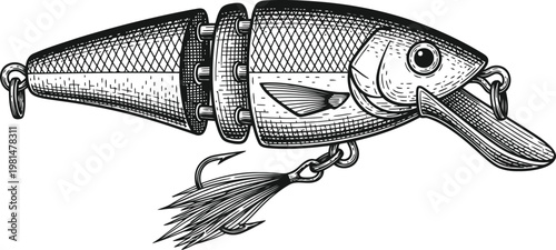 Artistic rendering of a segmented fishing lure with feathered treble hook against a clean white background