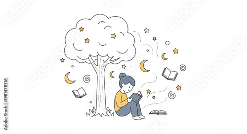 Illustration for World Book Day depicts a child reading a book under a large tree with stars and moons in a vector style, set against a clean white background, creating a whimsical