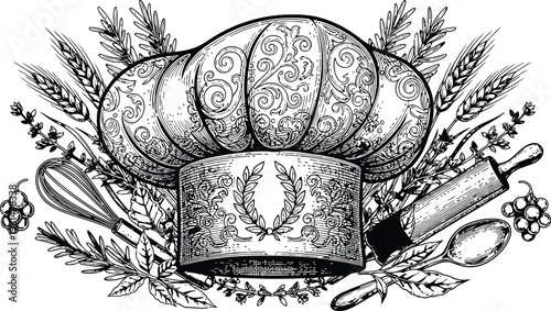 Artisan baked goods and baking tools in detailed engraving style with intricate patterns