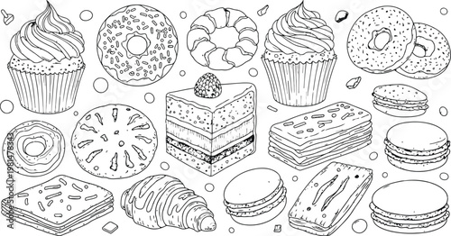 Assorted baked goods and pastries rendered in a clean line art style on a white background