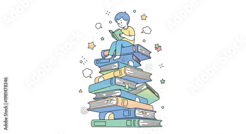 A vector illustration depicts a child absorbed in reading, seated atop a large stack of colorful books with speech bubbles and stars against a clean white background in a cheerful