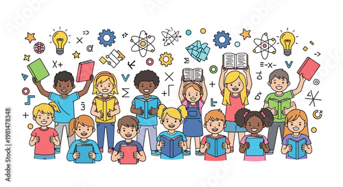 A diverse group of children is depicted in a colorful vector illustration celebrating World Book Day, reading books together against a white background with various educational symbols