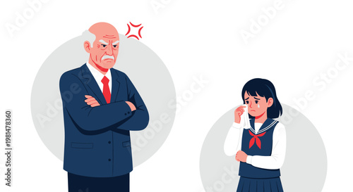 Stern elderly man in a suit standing with arms crossed next to a young schoolgirl who is crying and wiping her tears.
