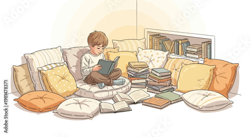 A focused young child engrossed in reading a book while sitting amidst a cozy arrangement of pillows, the scene rendered in a soft, illustrative style that evokes a sense of calm