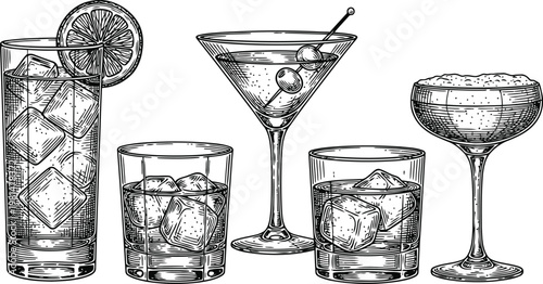 Assorted Cocktails and Drinks in Glasses with Ice and Garnishes in a Hand-Drawn Sketch Style