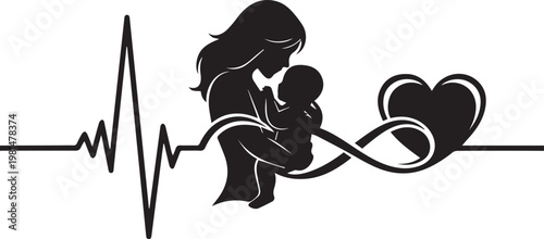 Mother holding baby silhouette with heartbeat line and heart shape infinity symbol for maternity and family love concept art.