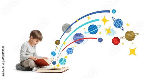A charming illustration for World Book Day features a child engrossed in reading, with colorful vector planets and stars playfully arching from the pages against a clean, bright white