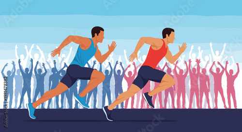 Two athletic runners in red and blue uniforms competing in a sprinting race on a track before a large cheering audience.
