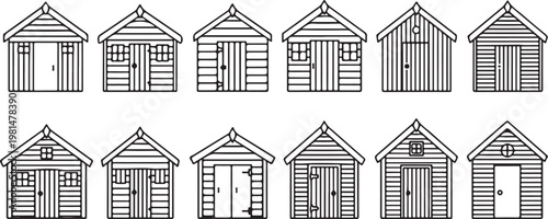 Black and white illustration of twelve distinct house facades with windows Vector