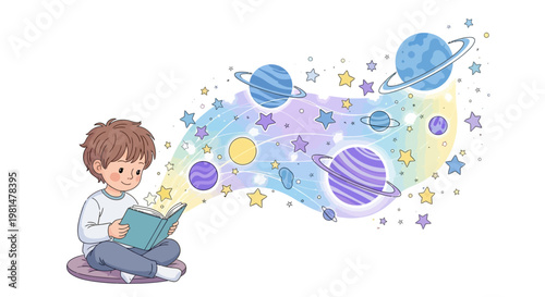 A young child is depicted immersed in a book, with planets and stars creatively emanating from its pages in a colorful vector illustration, set against a clean white background, celebrating