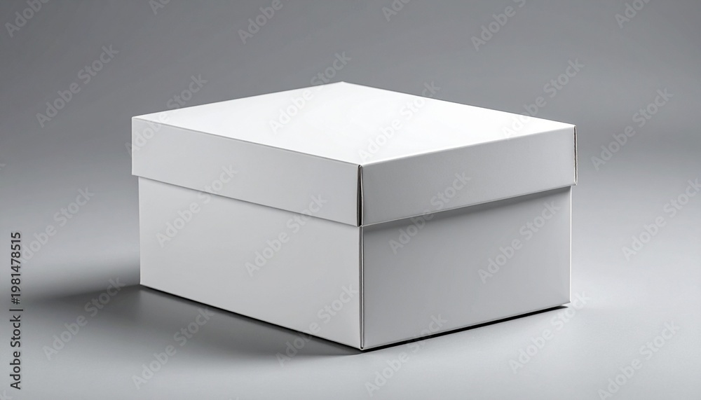 Naklejka premium Minimalist white box with lid on gray background studio shot.