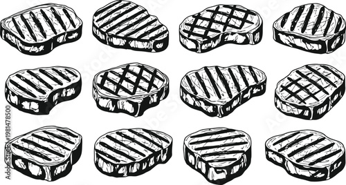 Assorted Grilled Beef Steaks in a Detailed Engraving Style Vector Illustration
