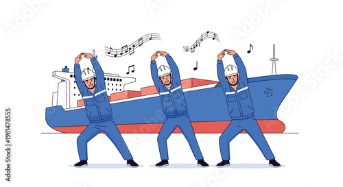 Team of three professional sailors in blue uniforms and white hard hats performing morning exercises on a dock in front of a large cargo ship.