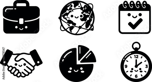 Black and white smiling business icons briefcase globe calendar handshake pie chart and clock