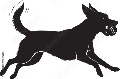 Running dog silhouette with ball in mouth illustration of active german shepherd or retriever fetching toy in playful movement.