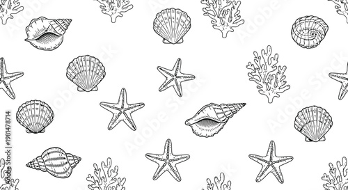 Assorted Seashells and Coral scattered across a clean white background in a repeating pattern