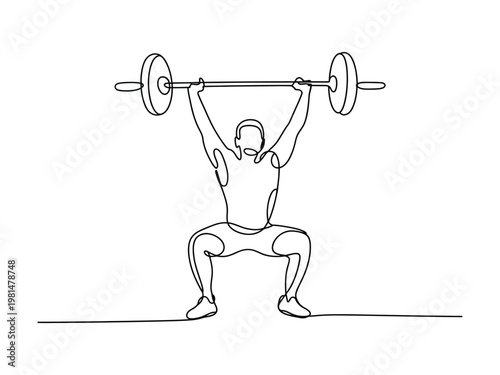 Continuous line drawing of a man lifting a barbell overhead in a squat position  fitness and exercise concept