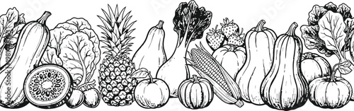 Billede på lærred Assortment of fresh produce arranged in a linear pattern with a whimsical hand-d