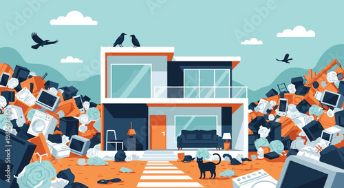 Modern two-story house surrounded by massive piles of electronic waste and household trash to highlight environmental pollution.