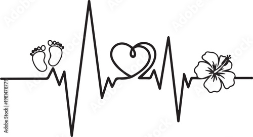 Heartbeat line with baby footprints heart and flower for life celebration.