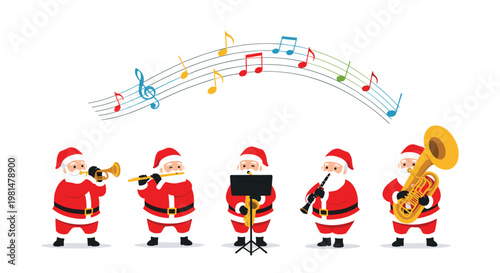 Group of cheerful Santa Claus characters performing festive music on various instruments with colorful musical notes floating above them.