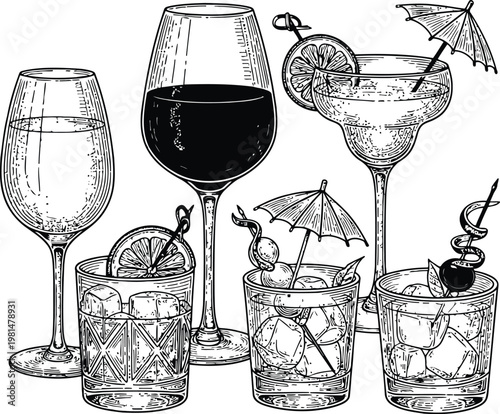 Assortment of refreshing alcoholic beverages in elegant glassware with garnishes during a celebratory evening