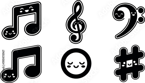 Cute black and white music notes and symbols with smiling faces vector art