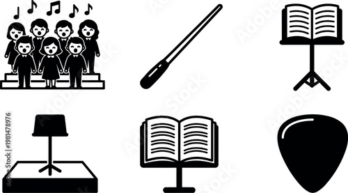 Black choir group music notes conductor baton and music stand icons