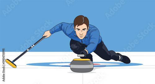 Skilled athlete in a blue jacket performing a delivery during a curling match on an ice rink with a stone and brush.