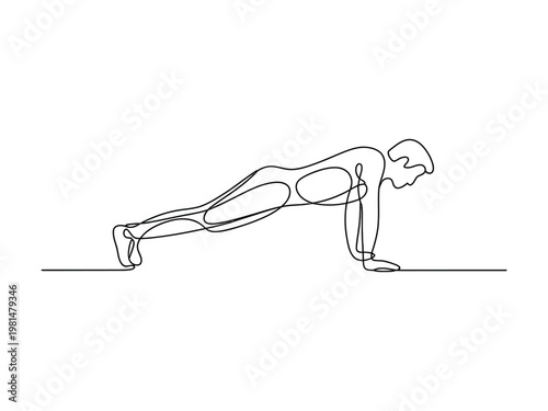 Continuous line drawing of a person in a pushup position on a solid surface with one line