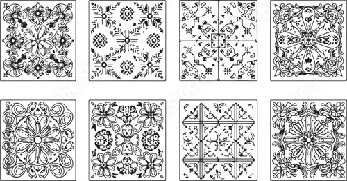 Intricate black and white patterns of interconnected organic and geometric shapes Vector