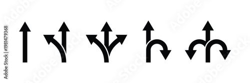 Way direction arrow sign. Three arrow, way sign, road direction icon. Three way direction arrow sign. Way vector icon. Decision icon